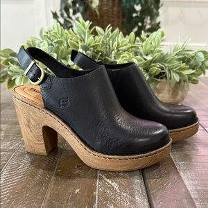 BORN Calypso Black Leather Slingback Clogs Heels NIB Size 7